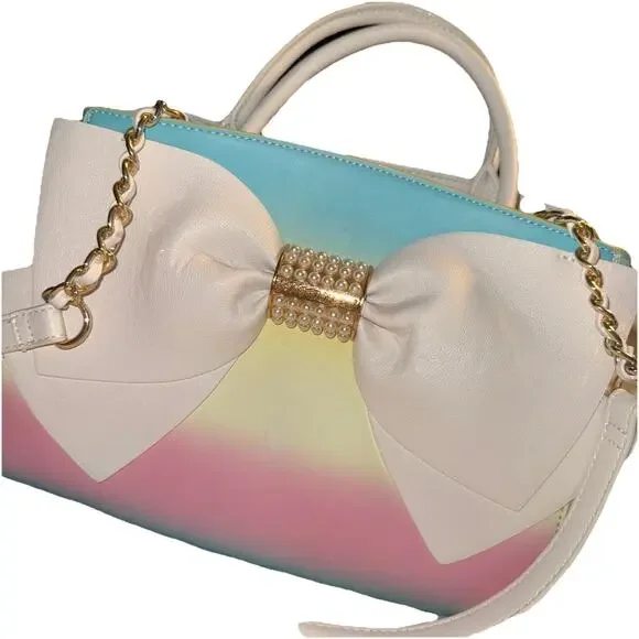 Betsy Johnson Bow Satchel Bag – CLEAN – Pastel Rainbow Ombré – Pearl Detail - Picture 2 of 15